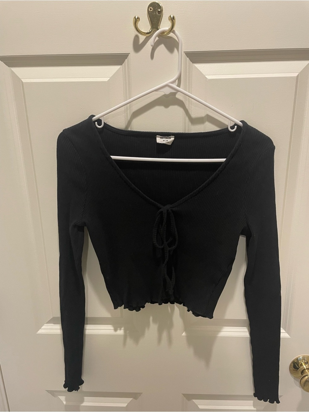 Cotton On Black Ribbed Tie-Front Long Sleeve Top